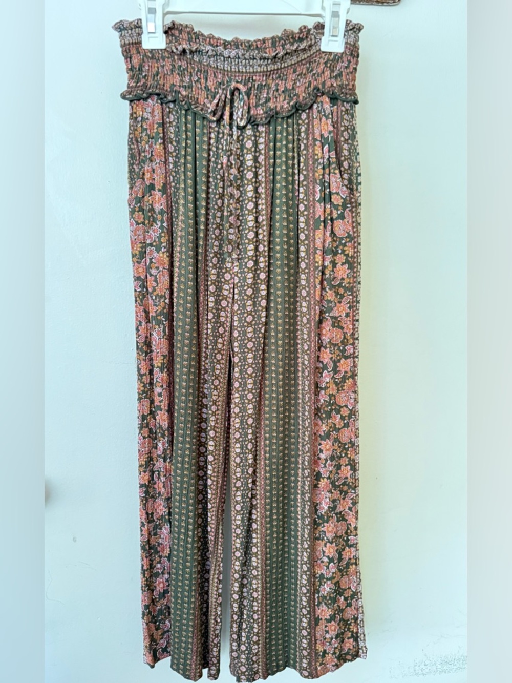 Boho Floral Smocked Waist Wide Leg Pants - Olive & Dusty Rose